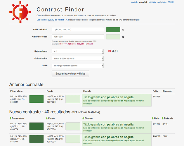 screenshot of Contrast-Finder software in Spanish