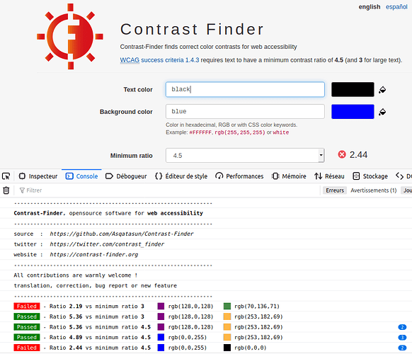 Contrast-Finder 0.10.0 with Firefox DevTools open